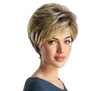Woojfcang Short Ombre Blonde Mix Brown Wigs for Women, Pixie Cut Wig with Bangs, Synthetic Layered Hair Wig for Costume, Cosplay, Fancy Dress