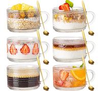 wookgreat Vintage Coffee Mugs Set of 6, 14 oz Glass Coffee Tea Cups with Handle, Clear Embossed Glassware with 6 Spoons, Glass Mugs, Glass Coffee Cups for Cappuccino, Latte, Cereal, Yogurt, Milk
