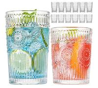 wookgreat Vintage Drinking Glasses Set of 12, Textured Clear Striped Glass Cups-6 Highball Glasses 13oz & 6 Rocks Glasses 10oz, Ribbed Glassware Set, Mojito Cups, Cocktail Glass, Iced Coffee Cup