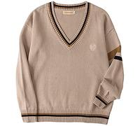 WOOKIT Women Men's Jumper Sweater Dark Academia Clothing, Cotton V-Neck Long Sleeve Knitted Pullover, Warm Sweatshirt for Winter Autumn-Abricot-M