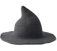 Wool Blend Witch Hat for Halloween Pointed Wizard Costume Hat Masquerade Cosplay Headwear Foldable Brim Knitted Wizard Cap Autumn Winter Thermal Bucket Cap for Adults, Halloween Party Accessory