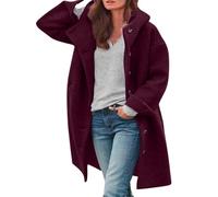 Wool Coat Women's Long Elegant Winter Coat Button Down Trench Coat Windproof Long Sleeve Hooded Coat with Hood Plain Loose Women's Coat Buttoned Long Sleeve Jacket for Comfort and Style, Wine Red, 3XL