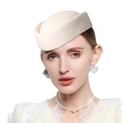 Wool Felt Pill Box Hats for Women Vintage 60s Fascinators Church Hats Cocktail Stewardess Derby Hats with Comb, White, M