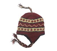 Wool Hand Knit Unisex Fleece Lined Ear Flap Beanie Cap Hat Nepal, Maroon, M/L