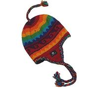 Wool Hand Knit Unisex Fleece Lined Ear Flap Beanie Cap Hat Nepal, Rainbow Wave, M/L
