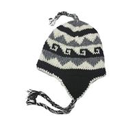 Wool Hand Knit Unisex Fleece Lined Ear Flap Beanie Sherpa Cap Hat Nepal, Black White Wave, M/L