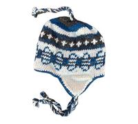 Wool Hand Knit Unisex Fleece Lined Ear Flap Beanie Sherpa Cap Hat Nepal, Blue/Gray, M/L