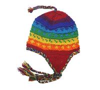 Wool Hand Knit Unisex Fleece Lined Ear Flap Beanie Sherpa Cap Hat Nepal, Rainbow, M/L
