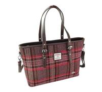 Wool Large Tote Bag for Women - Genuine Harris Tweed wool outer Made in Scotland - Large Zip Closure Laptop & Travel Bag - Multi Colour check Tartan Handbag (Burgundy & Pink Stewart)