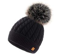 Woolk 4sold Men's Women's Worm Winter Mohair Style Beanie Knitted Hat with Fur Bobble Hat Hat Knitted Bobble Hat Plain Ski Pom Wooly Full Cosy Fleece Lining - Black - One size