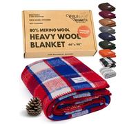 Woolly Mammoth Merino Wool Blanket- 66" x 90" 4 lbs Thick, Outdoor/Indoor Throw for Campfire, Picnic, Beach, Van Life, Home- Farmhouse Collection Heavy Duty Insulating Sleep Plaid, Red White & Blue