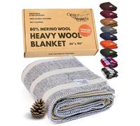Woolly Mammoth Merino Wool Blanket- 66" x 90" 4 lbs Thick, Outdoor/Indoor Throw for Campfire, Picnic, Beach, Van Life, Home- Farmhouse Collection Heavy Duty Insulating Sleep Plaid, Navy/Cream Stripe