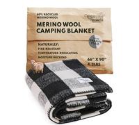 Woolly Mammoth Merino Wool Blanket- 66" x 90" 4 lbs Thick, Outdoor/Indoor Throw for Campfire, Picnic, Beach, Van Life, Home, Army- Farmhouse Collection Heavy Duty Insulating Sleep Plaid, Black/Cream
