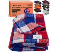 Woolly Mammoth Merino Wool Blanket- 66" x 90" 4 lbs Thick, Outdoor/Indoor Throw for Campfire, Picnic, Beach, Van Life, Home- Farmhouse Collection Heavy Duty Insulating Sleep Plaid, Red White & Blue