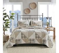 WOOLRICH Olsen Reversible Quilt Set - Cottage Styling Reversed to Solid Color, All Season Lightweight Coverlet, Cozy Bedding Layer, Matching Shams, Oversized King/Cal King Geometric Plaid Tan 3 Piece