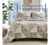 WOOLRICH Olsen Reversible Quilt Set - Cottage Styling Reversed to Solid Color, All Season Lightweight Coverlet, Cozy Bedding Layer, Matching Shams, Oversized Full/Queen, Geometric Plaid Tan 3 Piece