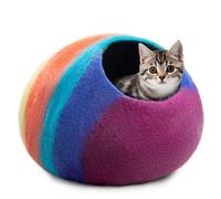 Woolygon Premium Felt Cat Cave Bed - Wool Kitty Beds Handcrafted Kitten Caves Bed for Indoor Cats - Made from Merino Wool, Foldable Cat Hidewawy Covered Cat House Pod (Rainbow Twist)