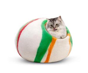 Woolygon Premium Felt Cat Cave Bed - Wool Kitty Beds Handcrafted Kitten Caves Bed for Indoor Cats - Made from 100% Eco-Friendly Merino Wool, Foldable Cat Hidewawy Covered Cat House Pod (Candy Swirl)