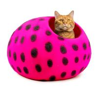 Woolygon Wool Cat Cave Bed Handcrafted from 100% Merino Wool, Eco-Friendly Felt Cat Cave for Indoor Cats and Kittens (Pink/Black Dots)