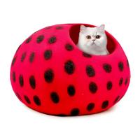 Woolygon Wool Cat Cave Bed Handcrafted from 100% Merino Wool, Eco-Friendly Felt Cat Cave for Indoor Cats and Kittens (Red/Black Dots)
