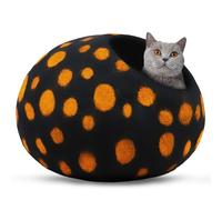 Woolygon Wool Cat Cave Bed Handcrafted from 100% Merino Wool, Eco-Friendly Felt Cat Cave for Indoor Cats and Kittens (Yellow/Black Dots)