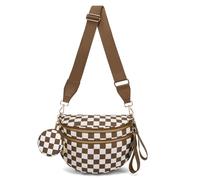 WOOMADA Checkered Crossbody Bag Bum Bag for Women, Spacious Nylon Fanny with Removable Wallets, Brown Checkerboard