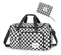 WOOMADA Foldable Travel Duffel Bag with Shoes Compartment, Overnight Bag with Wet Pocket & Trolley Sleeve, Weekender Bags for Women, black&white checkboard