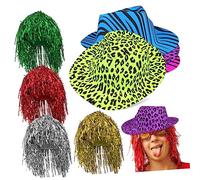 WOONEKY 1 Set Neon Party Costume Accessories Tinsel Wigs Cowgirl Hats Fun Dress Up for Halloween Festivals Cosplay and Photo Booth Props Random Color