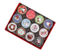 WOONEKY 12 Pcs Christmas Candy Tinplate Boxes Iron Gift Containers for Party Favors Multi Purpose Xmas Storage with Festive Patterns