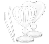 WOONEKY 2 Pcs Heart Shaped Glass Cocktail Goblets for Storing Wine and Juice with Straws, Romantic Drinking Glasses for Weddings and Hotels