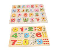 WOONEKY 2 Sets Cartoon Wooden Number and Alphabet Puzzle for Educational Cognitive Playthings for Hand Eye Coordination Learning Games
