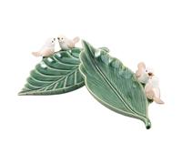 WOONEKY 2pcs Ceramic Birdbath Bowls for Outdoors, Leaf Shape Small Bird Baths with Smooth Glazed Surface and Weather Resistant Material, Ground Bird Bath for Garden Wildlife