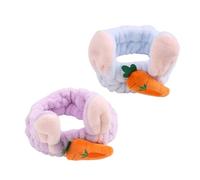 WOONEKY 2pcs Stretchy Rabbit Ear Headband for Washing Face Soft Plush Hair Band Carrot Shape for Women Girls Elastic Headwrap for Spa Makeup Yoga Random Color