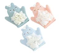 WOONEKY 3pcs Cartoon Bath Mitt Set Infant Bathing Gloves Soft Dual-Sided Body Scrubbing Gloves for Baby Bathing in Blue, Orange Pink, and Mint Green