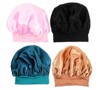 WOONEKY 4pcs Elastic Sleeping Hat Wide Brim Soft Breathable Sleep Cap for Women Curly Hair Care Non Slip Comfortable Bonnet for Beauty and Shower Use