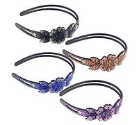 WOONEKY 4pcs Elegant Rhinestone Flower Headbands Anti-slip Hair Accessories for Women and Girls Stylish Decorative Hairbands Blue Blueberry Violet Colors