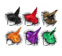 WOONEKY 6pcs Halloween Witch Hat Headbands Lightweight Lace Sequin Hair Hoops for Women Party Supplies Comfortable Cosplay Accessories in Red Green Black Gold Purple Orange
