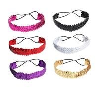 WOONEKY 6pcs Reversible Sequin Headbands Elastic Hair Bands for Women Glitter Hair Hoop Accessories for Parties Proms Daily Wear Black Silver Gold Rosy Purple Colors Random Color