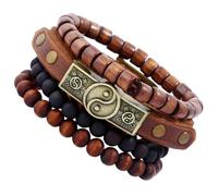 WOONEKY Beaded Wrist Vintage for Decoration Daily Style Aesthetic 4pcs Elegant Bracelets Stackable Set Featuring Lightweight Wooden Beads and Leather Bands Fashion Ladies Gift