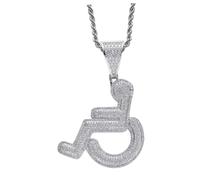 WOONEKY Creative Wheelchair User Pendant Necklace Silver Hip Hop Charm with Full Zirconia for Street Style Rapper Outfit and Costume Accessory