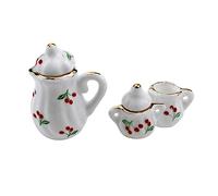 WOONEKY Dollhouse Accessories 2 Sets Miniature Teapot Model Mini Cherry Ceramic Pot Fairy House Decoration Mini Cups for Scene Arrangement