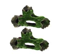 WOONEKY Fish Tank Aquarium Decoration Hideout Imitation Moss Tree Root Driftwood Cave Resin 2pcs Hiding Decor Sinking Wood Flocking Ornament Terrarium Reptile PET Landscaping