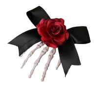 WOONEKY Halloween Skeleton Hand Hair Clip with Red Rose and Bow Lightweight Gothic Barrette for Women Spooky Hair Accessory for Cosplay Parties and Halloween Costumes