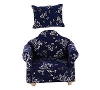 WOONEKY Miniature Blue Floral Dollhouse Sofa with Pillow Cute Mini Couch for Dollhouses Elegant Single Seat Model for Play and Home Decor Collectors