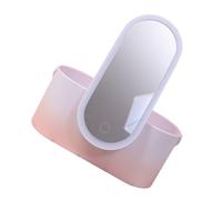 WOONEKY Portable Pink Gradient Abs Makeup Box with LED Lighted Rotating Mirror Desktop Cosmetic Organizer for Lipstick Skincare Nail Polish Storage Battery-Powered Handheld Beauty Case for