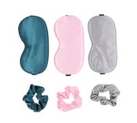 WOONEKY Portable Sleep Eye Mask and Hair Ring Faux Silk Eye Shade with Cartoon Design Soft Comfortable Sleep Cover for Women Assorted Pink Gray and Dark Green Colors