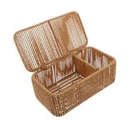 WOONEKY Rectangular Japanese Woven Storage Basket with Lid Handwoven Rattan Organizer Box with Dividers for Bedroom Bathroom Vanity Dustproof Cosmetic and Skincare Shelf Basket
