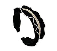 WOONEKY Ruffled Black Fabric Headband with Decorative Artificial Pearls Elegant Beaded Hair Hoop for Womens Daily Wear Parties Ceremonies Durable Stylish Hair Accessory