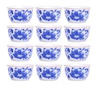 Woonsoon Chinese Handmade Kungfu Tea Cup 60 ml,Bone China Blue and White Tea Cups Set of 12,Ceramic Tea Mugs Without Handles,Best Gift（Lotus）