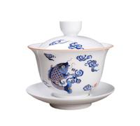 Woonsoon Jingdezhen Chinese Porcelain Gaiwan Handmade 7oz/200ml Kungfu Teacup White Glazed Tureen Chinese Sancai Cover Bowl Lip Cup Saucer Set Traditional Teaware Tea Set (Fish)